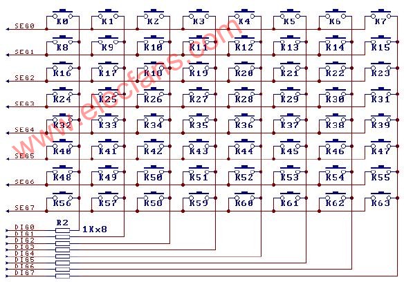 CH452组成64键的键盘扫描电路 (8X8键盘扫描电路)