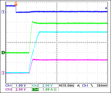 图13. +3.3V接通波形,1.1Ω负载 = 3A Ch1 = Q8BASE, Ch2 = +3.3VGATE, Ch3 = +3.3VOUT, Ch4 = IIN(+3.3V)