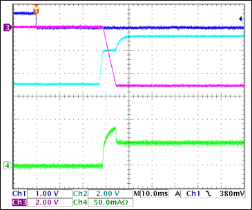 图10. -5V接通波形,100Ω阻性负载 = 50mA Ch1 = Q8BASE, Ch2 = -5VGATE, Ch3 = -5VOUT, Ch4 = IIN(-5V) 注释:-5V摆率大约为1V/ms。