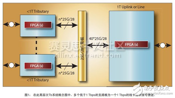 图1： 在此高层次Tb系统概念图中，多个低于1 Tbps的支路板为一个1 Tbps的线卡提供信号馈送。